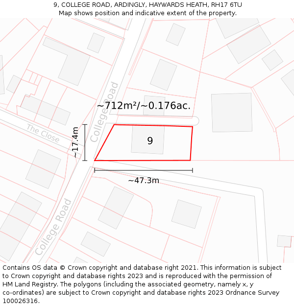 9, COLLEGE ROAD, ARDINGLY, HAYWARDS HEATH, RH17 6TU: Plot and title map
