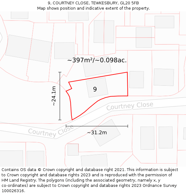 9, COURTNEY CLOSE, TEWKESBURY, GL20 5FB: Plot and title map