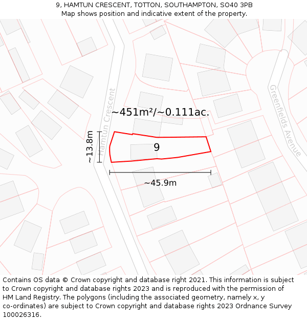 9, HAMTUN CRESCENT, TOTTON, SOUTHAMPTON, SO40 3PB: Plot and title map