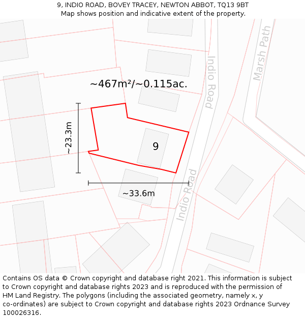 9, INDIO ROAD, BOVEY TRACEY, NEWTON ABBOT, TQ13 9BT: Plot and title map