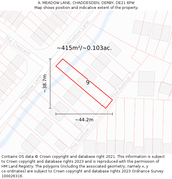 9, MEADOW LANE, CHADDESDEN, DERBY, DE21 6PW: Plot and title map