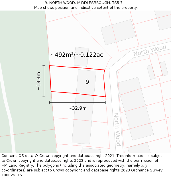 9, NORTH WOOD, MIDDLESBROUGH, TS5 7LL: Plot and title map