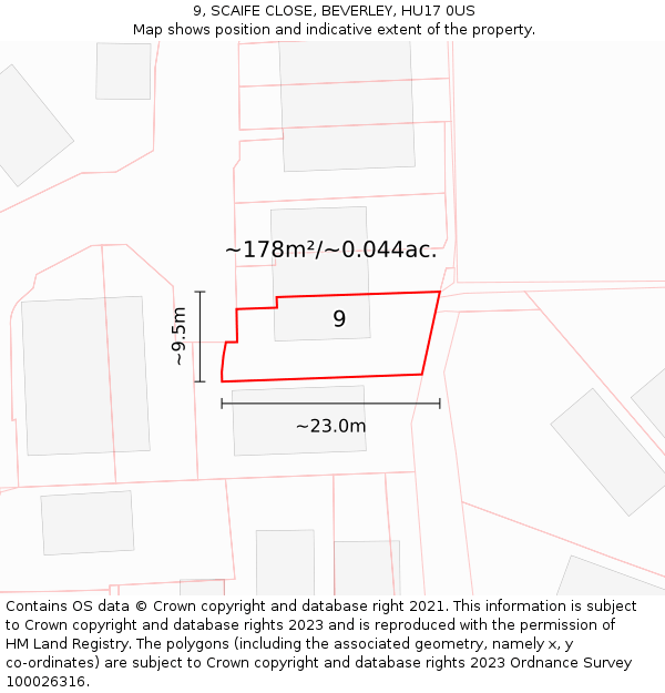 9, SCAIFE CLOSE, BEVERLEY, HU17 0US: Plot and title map
