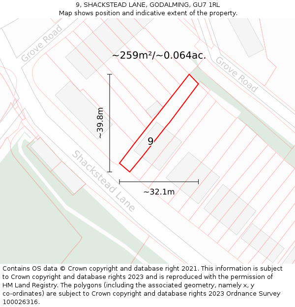 9, SHACKSTEAD LANE, GODALMING, GU7 1RL: Plot and title map
