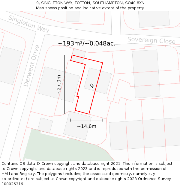 9, SINGLETON WAY, TOTTON, SOUTHAMPTON, SO40 8XN: Plot and title map