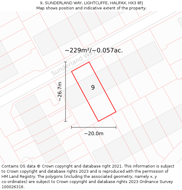 9, SUNDERLAND WAY, LIGHTCLIFFE, HALIFAX, HX3 8FJ: Plot and title map