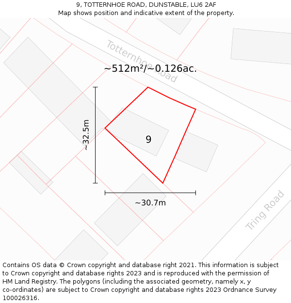 9, TOTTERNHOE ROAD, DUNSTABLE, LU6 2AF: Plot and title map
