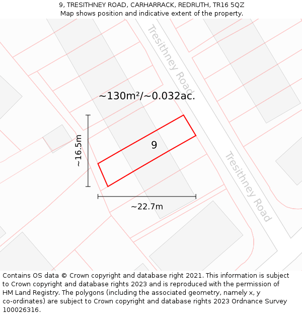 9, TRESITHNEY ROAD, CARHARRACK, REDRUTH, TR16 5QZ: Plot and title map
