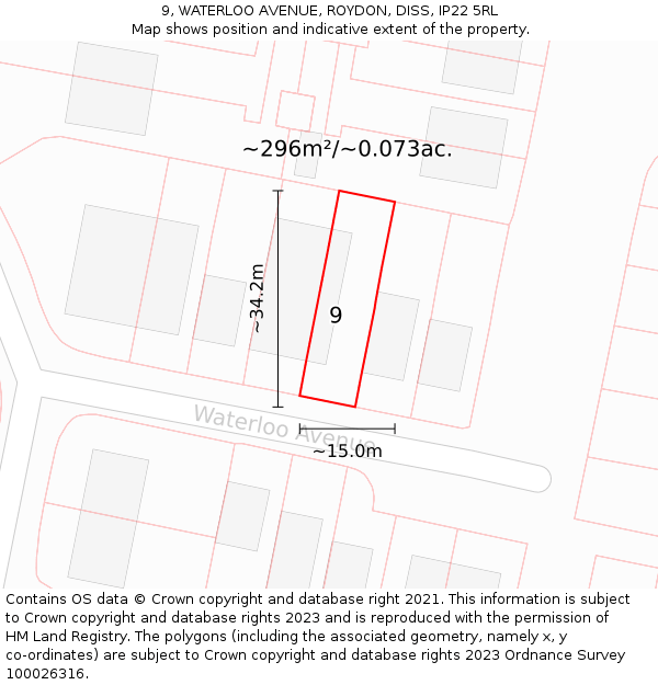 9, WATERLOO AVENUE, ROYDON, DISS, IP22 5RL: Plot and title map