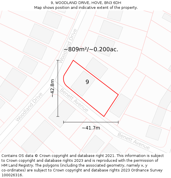 9, WOODLAND DRIVE, HOVE, BN3 6DH: Plot and title map