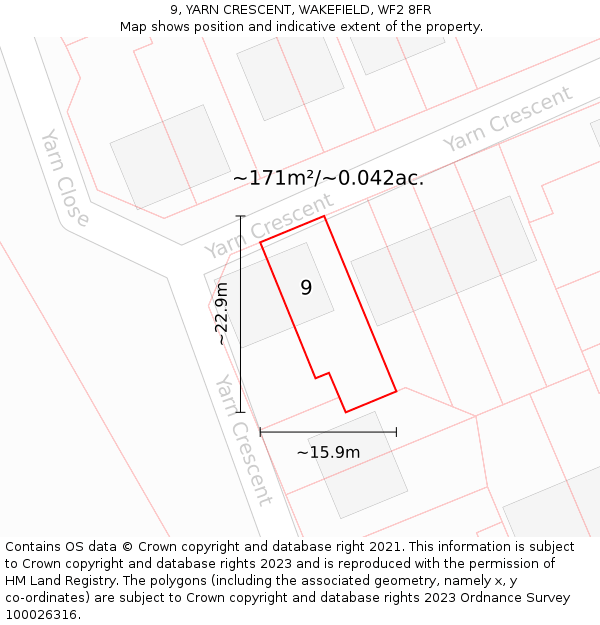 9, YARN CRESCENT, WAKEFIELD, WF2 8FR: Plot and title map