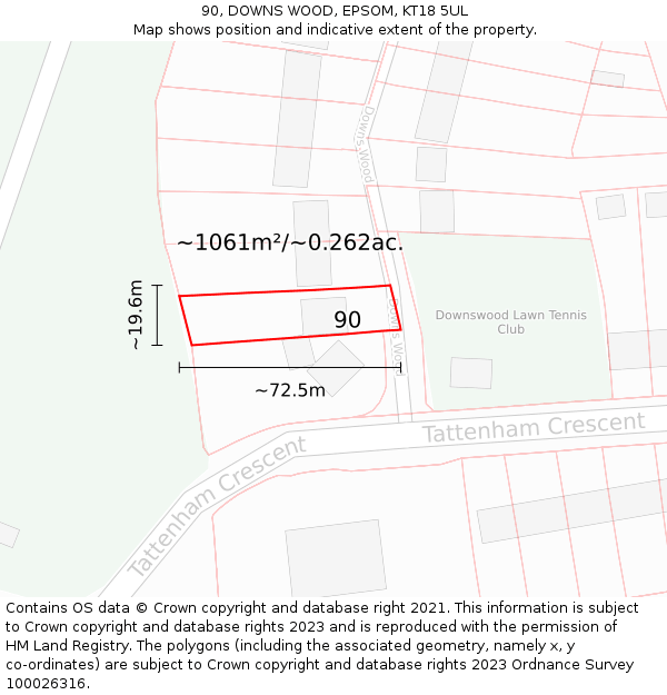 90, DOWNS WOOD, EPSOM, KT18 5UL: Plot and title map