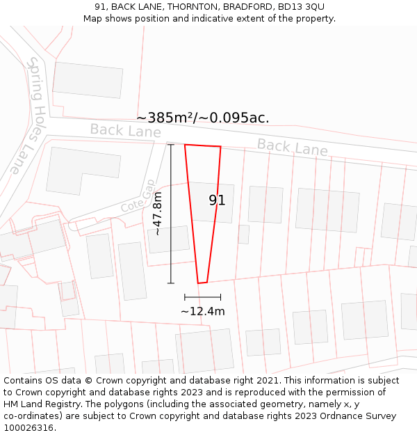 91, BACK LANE, THORNTON, BRADFORD, BD13 3QU: Plot and title map