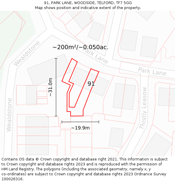 91, PARK LANE, WOODSIDE, TELFORD, TF7 5GG: Plot and title map