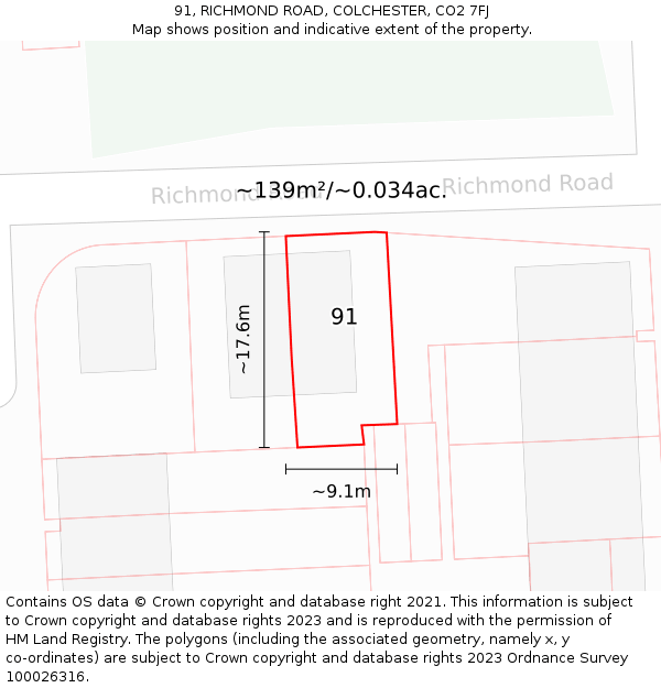 91, RICHMOND ROAD, COLCHESTER, CO2 7FJ: Plot and title map