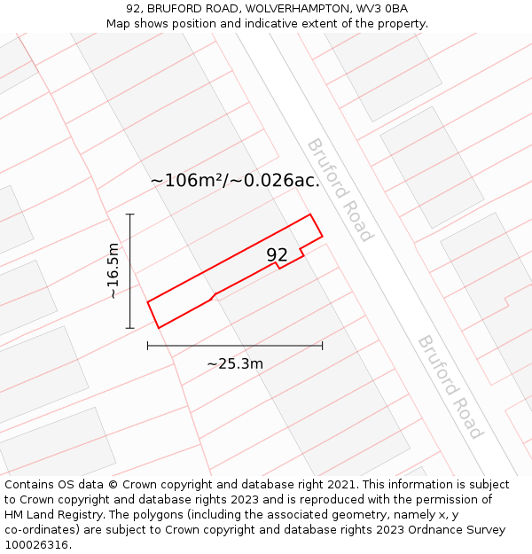 92, BRUFORD ROAD, WOLVERHAMPTON, WV3 0BA: Plot and title map