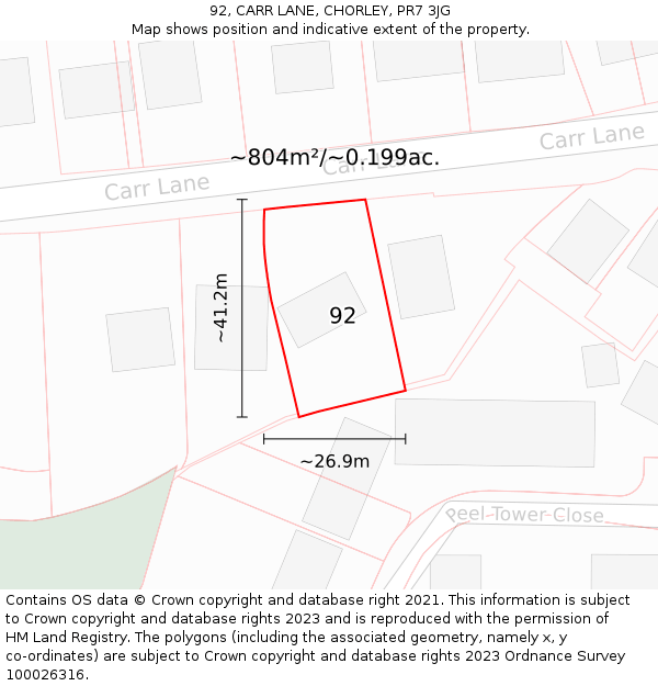 92, CARR LANE, CHORLEY, PR7 3JG: Plot and title map