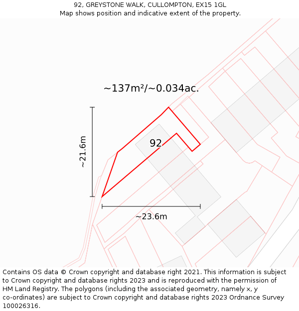 92, GREYSTONE WALK, CULLOMPTON, EX15 1GL: Plot and title map