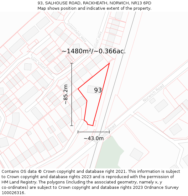 93, SALHOUSE ROAD, RACKHEATH, NORWICH, NR13 6PD: Plot and title map