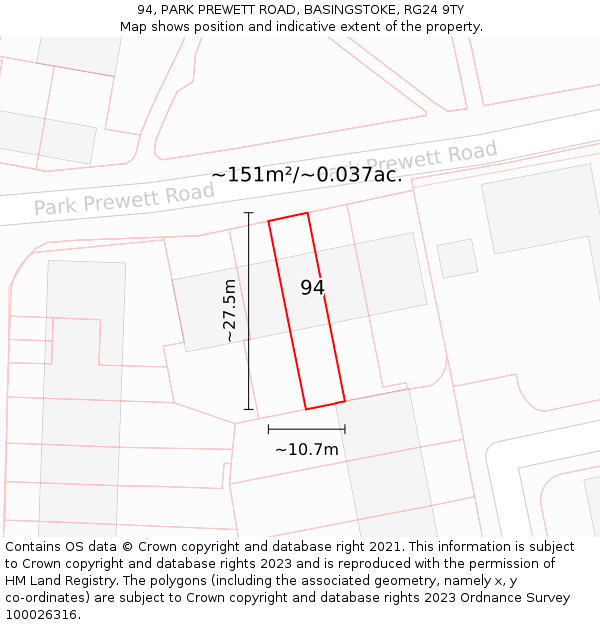 94, PARK PREWETT ROAD, BASINGSTOKE, RG24 9TY: Plot and title map