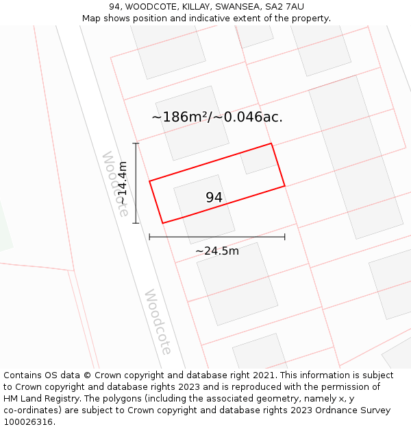 94, WOODCOTE, KILLAY, SWANSEA, SA2 7AU: Plot and title map
