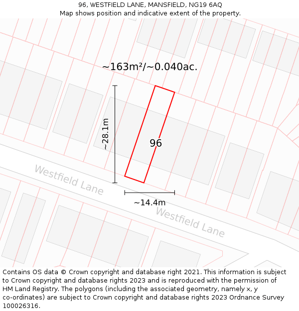 96, WESTFIELD LANE, MANSFIELD, NG19 6AQ: Plot and title map