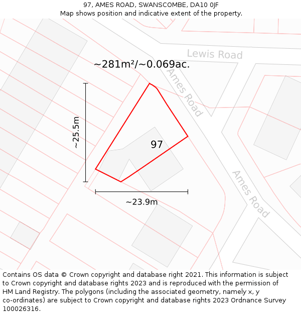97, AMES ROAD, SWANSCOMBE, DA10 0JF: Plot and title map
