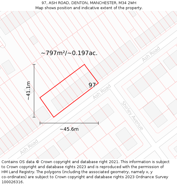 97, ASH ROAD, DENTON, MANCHESTER, M34 2WH: Plot and title map