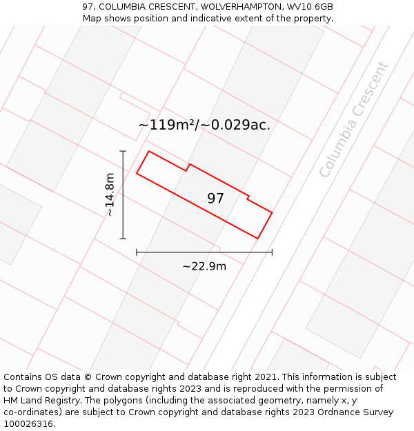 97, COLUMBIA CRESCENT, WOLVERHAMPTON, WV10 6GB: Plot and title map