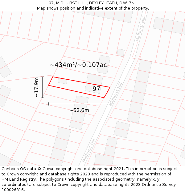 97, MIDHURST HILL, BEXLEYHEATH, DA6 7NL: Plot and title map