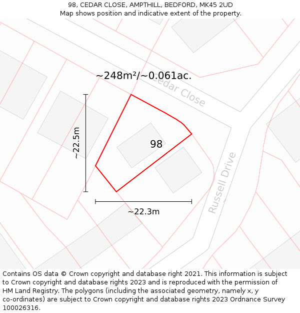 98, CEDAR CLOSE, AMPTHILL, BEDFORD, MK45 2UD: Plot and title map