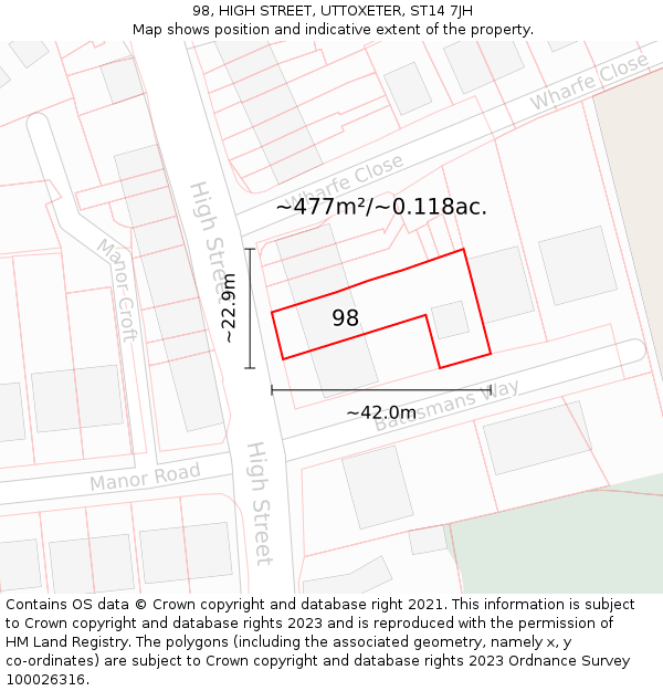 98, HIGH STREET, UTTOXETER, ST14 7JH: Plot and title map