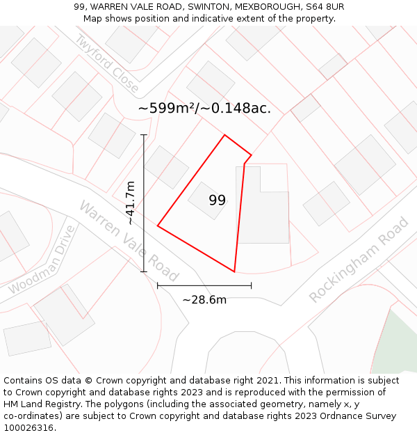 99, WARREN VALE ROAD, SWINTON, MEXBOROUGH, S64 8UR: Plot and title map