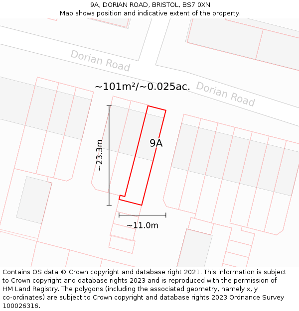 9A, DORIAN ROAD, BRISTOL, BS7 0XN: Plot and title map