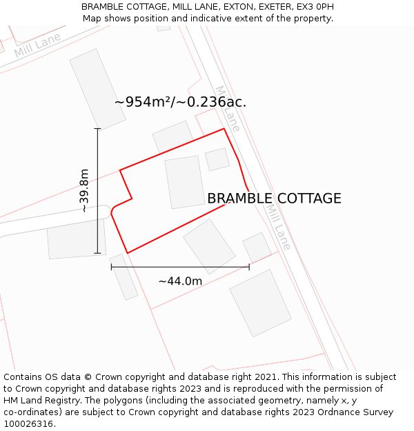 BRAMBLE COTTAGE, MILL LANE, EXTON, EXETER, EX3 0PH: Plot and title map