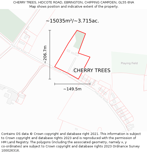 CHERRY TREES, HIDCOTE ROAD, EBRINGTON, CHIPPING CAMPDEN, GL55 6NA: Plot and title map