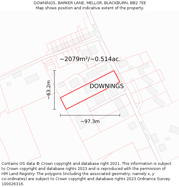 DOWNINGS, BARKER LANE, MELLOR, BLACKBURN, BB2 7EE: Plot and title map