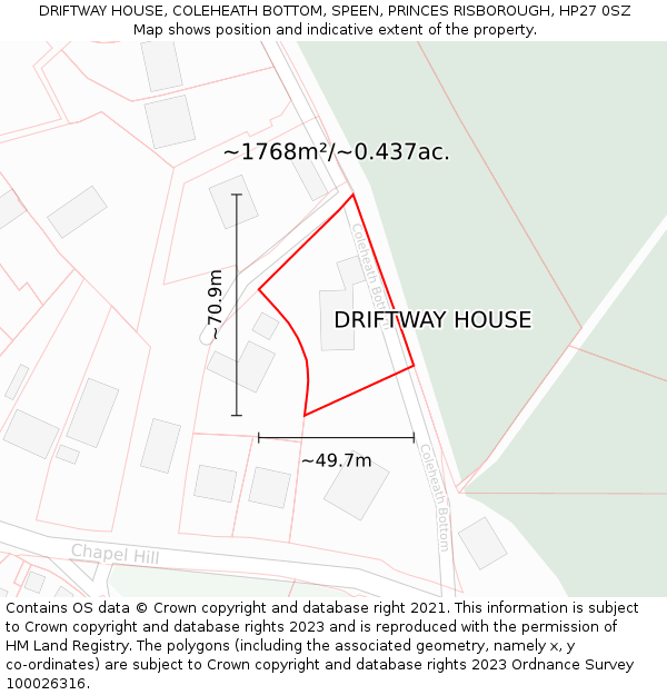 DRIFTWAY HOUSE, COLEHEATH BOTTOM, SPEEN, PRINCES RISBOROUGH, HP27 0SZ: Plot and title map