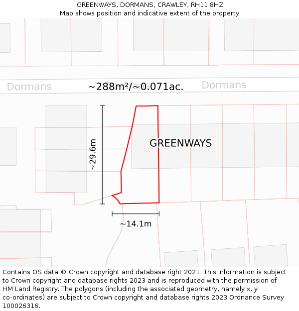 GREENWAYS, DORMANS, CRAWLEY, RH11 8HZ: Plot and title map