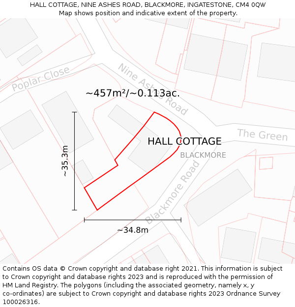 HALL COTTAGE, NINE ASHES ROAD, BLACKMORE, INGATESTONE, CM4 0QW: Plot and title map
