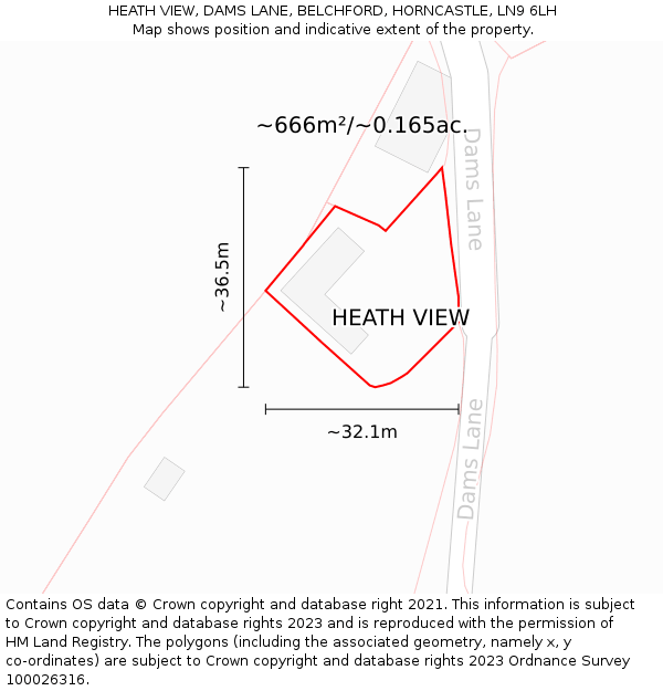 HEATH VIEW, DAMS LANE, BELCHFORD, HORNCASTLE, LN9 6LH: Plot and title map