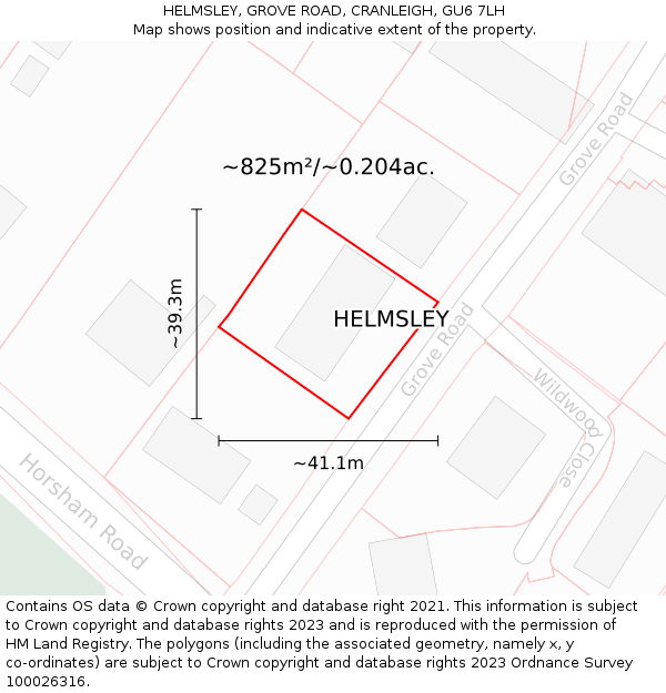 HELMSLEY, GROVE ROAD, CRANLEIGH, GU6 7LH: Plot and title map