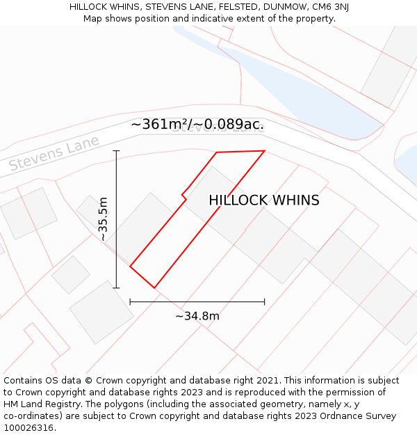 HILLOCK WHINS, STEVENS LANE, FELSTED, DUNMOW, CM6 3NJ: Plot and title map