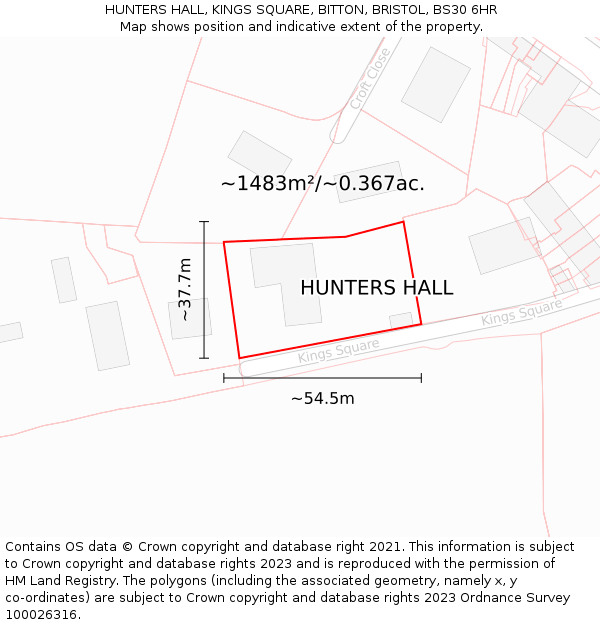 HUNTERS HALL, KINGS SQUARE, BITTON, BRISTOL, BS30 6HR: Plot and title map