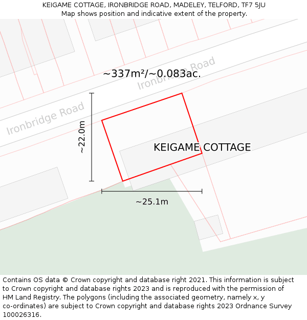 KEIGAME COTTAGE, IRONBRIDGE ROAD, MADELEY, TELFORD, TF7 5JU: Plot and title map