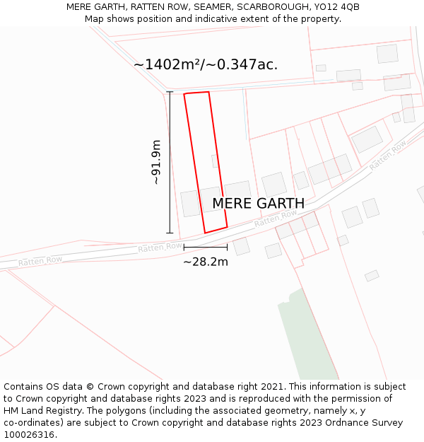 MERE GARTH, RATTEN ROW, SEAMER, SCARBOROUGH, YO12 4QB: Plot and title map