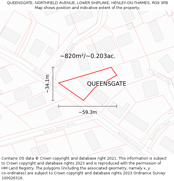 QUEENSGATE, NORTHFIELD AVENUE, LOWER SHIPLAKE, HENLEY-ON-THAMES, RG9 3PB: Plot and title map