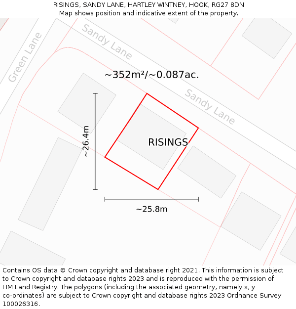 RISINGS, SANDY LANE, HARTLEY WINTNEY, HOOK, RG27 8DN: Plot and title map