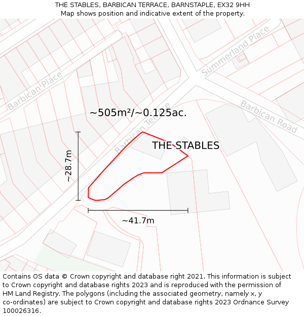 THE STABLES, BARBICAN TERRACE, BARNSTAPLE, EX32 9HH: Plot and title map
