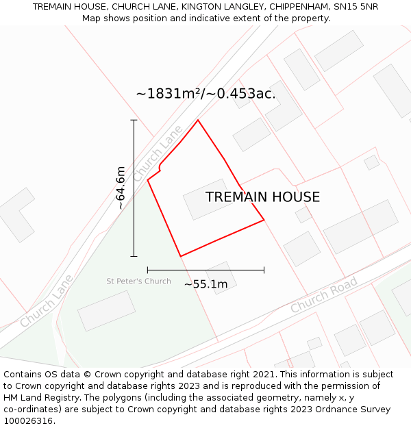 TREMAIN HOUSE, CHURCH LANE, KINGTON LANGLEY, CHIPPENHAM, SN15 5NR: Plot and title map